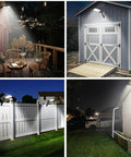 Collage of solar lights in use: backyard deck, barn, garden fence, driveway, featuring Solar Lights Outdoor With Remote Control, 56LED.