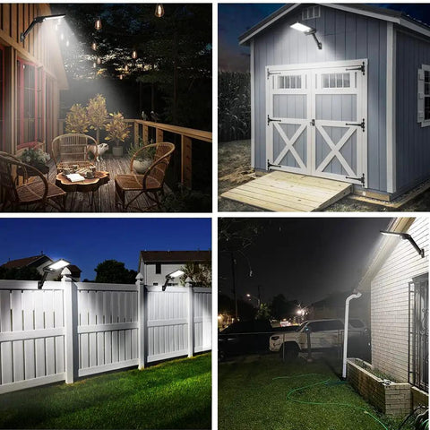 Collage of solar lights in use: backyard deck, barn, garden fence, driveway, featuring Solar Lights Outdoor With Remote Control, 56LED.