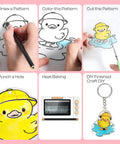 25 Piece Frosted Shrink Plastic Sheets Set for DIY shrink art showing duck drawing process and finished keychain craft.