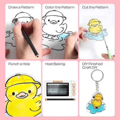25 Piece Frosted Shrink Plastic Sheets Set for DIY shrink art showing duck drawing process and finished keychain craft.