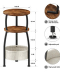 Diagram of 3 Tier Round Side Table With Storage Basket 24 Inch Tall Rustic Brown Space Saving End Table For Tight Spaces sofa side table.