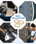Collage showing 70 Pack Brass Flat Washers Set, 3mm ID, 8mm OD, 0.8mm Thick applied in automotive, machinery, and construction settings.