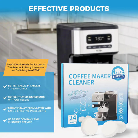 Solid Pick 24 Pack Coffee Maker Cleaning Tablets Honestly Hella Good At Knocking Out Limescale And Coffee Buildup For Drip Or Espresso Systems Alongside Garbage Disposals To Keep Sink Pipes Fresh Daily, displayed with coffee maker.