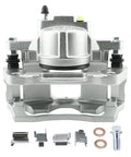Front brake caliper in silver metal with mounting bolts and copper washers.