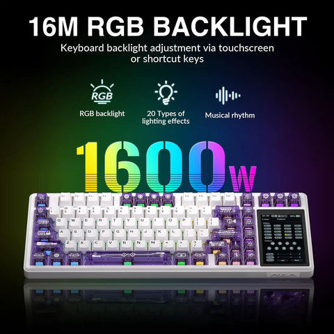 High End Wireless Mechanical Gaming Keyboard With Built In Smart Touchscreen Hub And Compact 96 Percent Design showcasing 16M RGB backlight.