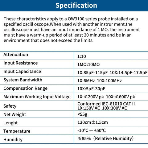 Specification chart for 100MHz Oscilloscope Probe Kit With BNC Clip Probes Attenuation Adjustable 1x Or 10x Grounding Clip