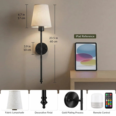 Konvixon Wall Sconces Battery Operated Set of Two, RGBWW with Remote, Black on a wall beside an iPad for size reference.