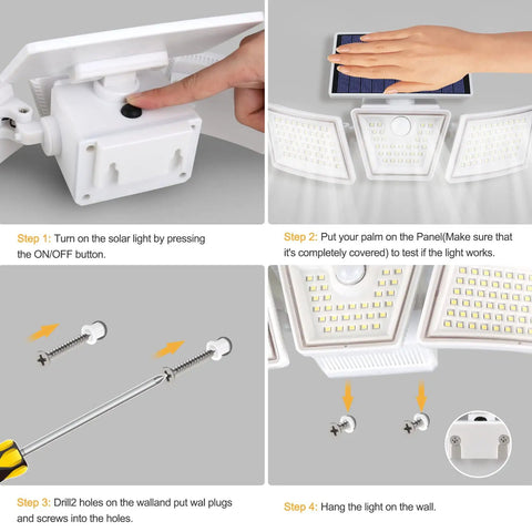 Instructions for All in One Ultra Bright Solar Motion Sensor Lights Outdoor with Three Adjustable Heads, Easy Install, 2400 Lumens