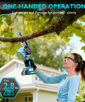Woman using Cordless 6 Inch Mini Chainsaw With 880W Motor And Automatic Oiler Electric Handheld Chainsaw For Fast Cutting on tree branch outdoors.