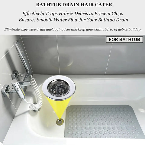 Two Pack Stainless Steel Hair Catchers For 1.50 Inch Drains Universal Sink Tub Shower Drain Strainer shown in bathtub setting