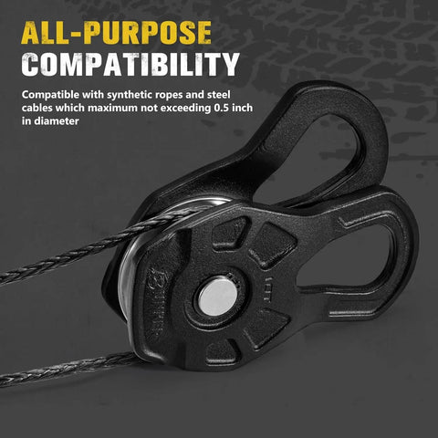 Beefy 10 Ton Winch Snatch Block For Offroad Recovery And Towing, 22,000 Lb Capacity Pulley For Synthetic Rope Or Steel Cable, Heavy Duty Winch Accessory Built To Withstand Rough Trails On Trucks Tractors ATVs And UTVs, black snatch block with cable