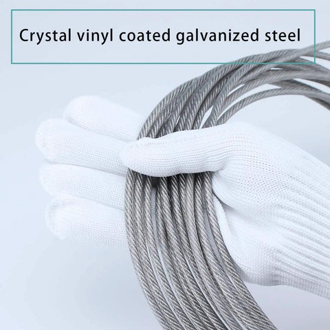 Gloved hands holding Crystal Vinyl Coated Wire Rope Cable One Eighth Inch To Three Sixteenth Inch Galvanized Steel Seven By Seven Strand