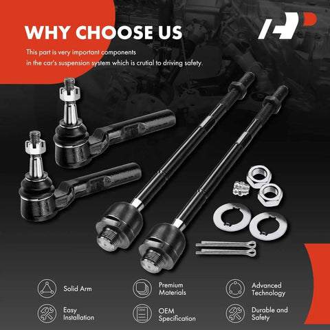 Set Of 4 Front Inner And Outer Tie Rod End Kit For Chevy Silverado 1500 1999-2006 And GMC Sierra 1500 1999-2006 Classic 2007 22mm Thread Power Steering Rack Pinion Compatible Replacement tie rod ends with hardware on black background