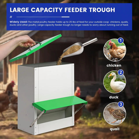 Heavy Duty Metal Chicken Feeder For Backyards Gives You Hang Or Ground Flex To Slash Feed Waste And Keep Your Flock Properly Fed Daily Using Waterproof Steel Built Tough For Ducks Quail And Yard Chickens, showing 25 lb capacity and feed spout.