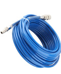 Badass Heavy Duty PU Air Compressor Hose Sixty Five Foot High Pressure Pneumatic Tubing with connectors coiled in blue.