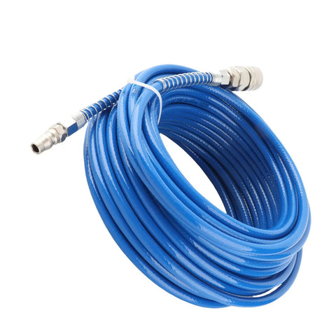 Badass Heavy Duty PU Air Compressor Hose Sixty Five Foot High Pressure Pneumatic Tubing with connectors coiled in blue.