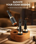 Lux Calfskin Cigar Holder And Mouthpiece Set With Leakproof Seal Ring Premium Sapele Wood Gift Kit For Men Ideal For Office Lounge Or Golf Fits 36 To 58 Ring Gauge Everyday Boss Level Cigar Accessory on table in elegant setting.