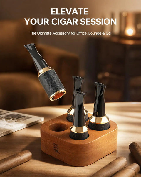 Lux Calfskin Cigar Holder And Mouthpiece Set With Leakproof Seal Ring Premium Sapele Wood Gift Kit For Men Ideal For Office Lounge Or Golf Fits 36 To 58 Ring Gauge Everyday Boss Level Cigar Accessory on table in elegant setting.