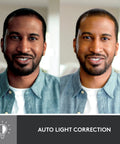 Comparison of lighting effects on a smiling man using Built Different Brio 501 Full HD Webcam With RightLight 4 Tech.
