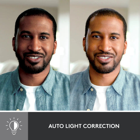 Comparison of lighting effects on a smiling man using Built Different Brio 501 Full HD Webcam With RightLight 4 Tech.