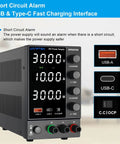 DC Variable Power Supply With Auto Voltage Detect 110V 220V Upgrade, Adjustable 0 to 30V 0 to 10A, front view with interface ports