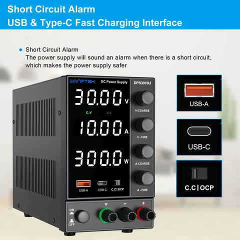 DC Variable Power Supply With Auto Voltage Detect 110V 220V Upgrade, Adjustable 0 to 30V 0 to 10A, front view with interface ports