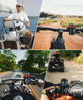 Rugged Motorcycle Cup Holder With Heavy Duty Metal Clamp, shown on boat, motorcycle, ATV, and scooter handlebars, 32 oz capacity.