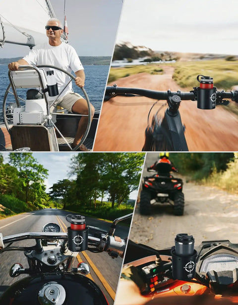 Rugged Motorcycle Cup Holder With Heavy Duty Metal Clamp, shown on boat, motorcycle, ATV, and scooter handlebars, 32 oz capacity.