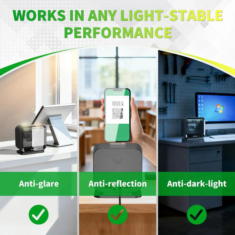 Hands Free USB Barcode Scanner With Auto Sensor Trigger Reads 1D 2D And QR Codes No Fuss Fast For POS Retail Warehouse And Inventory Management Plug And Play shown in various lighting conditions