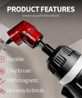 105 Degree Right Angle Drill Attachment Set With One Quarter Inch Hex Shank Magnetic Bit Holder And Four PZ2 PH2 Screwdriver Bits shown in use on a drill