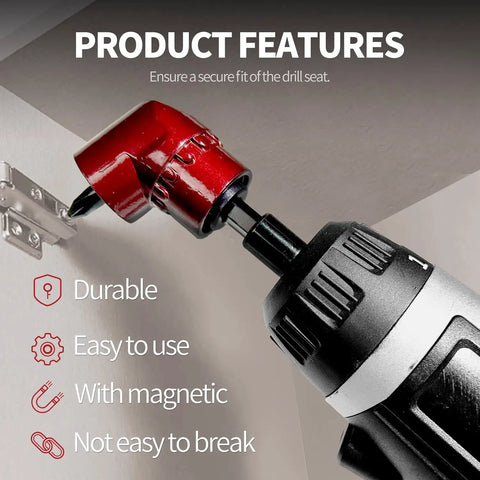 105 Degree Right Angle Drill Attachment Set With One Quarter Inch Hex Shank Magnetic Bit Holder And Four PZ2 PH2 Screwdriver Bits shown in use on a drill