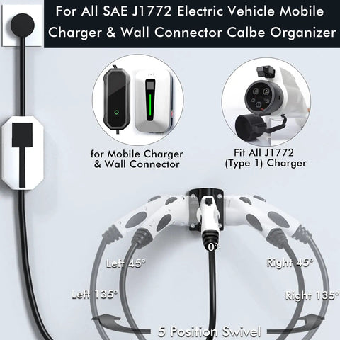 Badass Wall Mount J1772 EV Charger Holder with 5 position swivel for Type 1 SAE plugs, wall-mounted for space-saving.