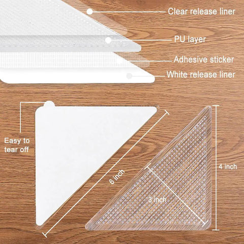 Triangle Anti Slip Rug Tape Pad Set Keeps Rugs In Place And Prevents Curling, Washable 6x4 inch pad layers detailed view.