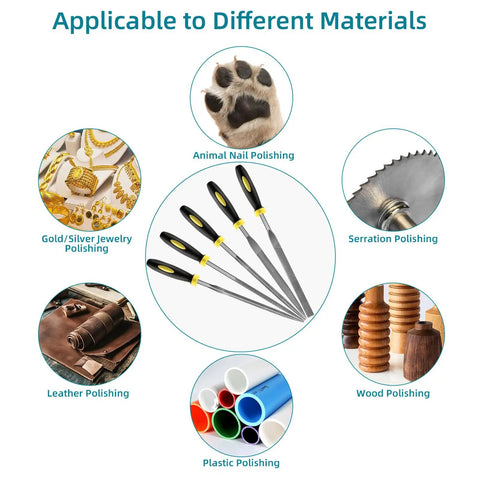 5 Piece Metal Needle File Set with Hardened Alloy Steel for Polishing Jewelry, Wood, Leather, Plastic, and More Materials.