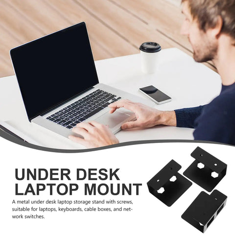 Under Desk Laptop And Keyboard Holder With Thick Protective Pads Badass Metal Hanging Bracket For Tablets Slick Cable Wrangler Zero Clutter Office Setup Real Smooth Workflow Black Three Piece Set on desk with laptop.