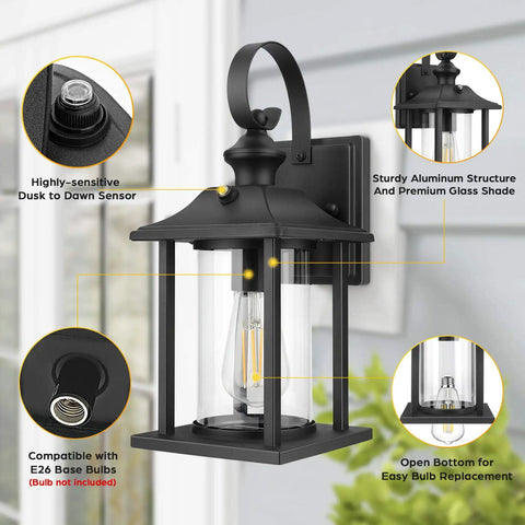 Two Pack Dusk To Dawn Outdoor Wall Lanterns In Black Matte Aluminum Waterproof Porch Light With E26 Base Socket