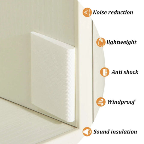 14 Piece Self Adhesive Door Corner Seals Set For Exterior Door Frames, white foam pad on door corner with benefits icons.