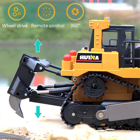 Side view of Proportional One Sixteenth Scale RC Bulldozer Toy with four wheel drive and metal shovel showing remote control features.