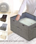 Collapsible Linen Fabric Storage Bin For Clothes Shoes And Toys Nifty Foldable Home Basket With Roomy Capacity To Keep Your Space Neat And Zero Stress Storage In Black, showing 40L size and handling pillow.