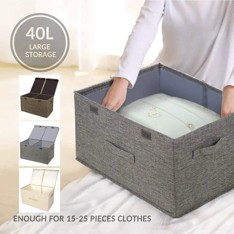 Collapsible Linen Fabric Storage Bin For Clothes Shoes And Toys Nifty Foldable Home Basket With Roomy Capacity To Keep Your Space Neat And Zero Stress Storage In Black, showing 40L size and handling pillow.
