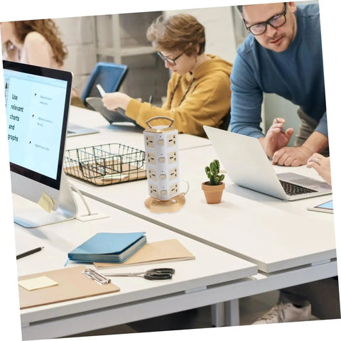 Bang For Your Buck Usb Power Strip With Heavy Duty Ac Outlets And Rapid Charge Ports Overload Guard on office desk with users.
