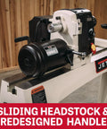 Heavy Workhorse 18X40 Electronic Variable Speed Woodworking Lathe 2HP 230V Reversible Turning Machine With Remote Emergency Stop And Improved Quill Lock Built Ready To Rock showing sliding headstock and motor.