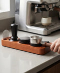 Premium Spring Loaded 51Mm Coffee Espresso Tamper Set Delivering Exact 30 Pound Pressure For Flawless Puck Prep and Straight Up Pro Barista Shots on a wooden countertop.