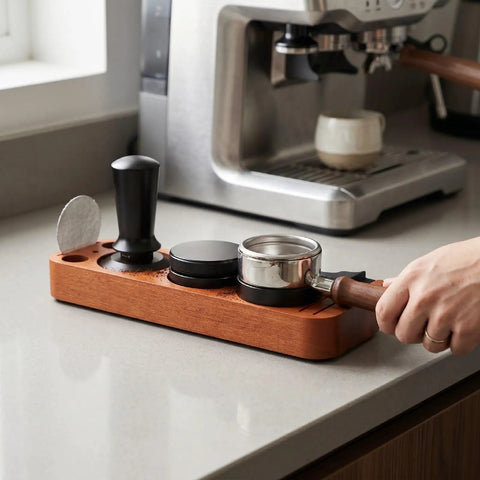 Premium Spring Loaded 51Mm Coffee Espresso Tamper Set Delivering Exact 30 Pound Pressure For Flawless Puck Prep and Straight Up Pro Barista Shots on a wooden countertop.