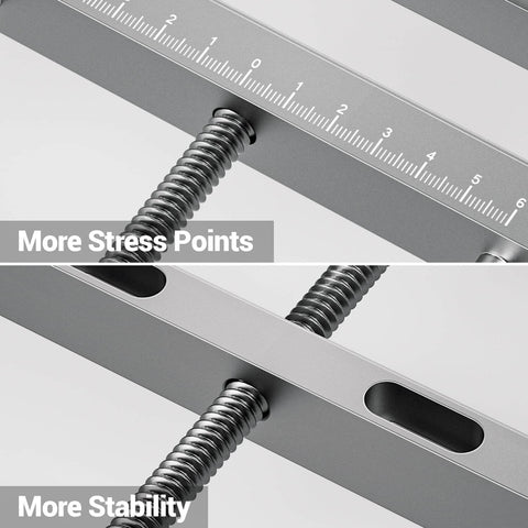 Aluminum Bench Vise Clamp For CNC Router Machines with measuring scale and stress points for stability. Close-up of durable lead screws.