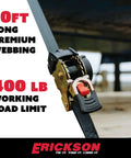 Close-up of Pro Series 1 Inch By 10 Foot Black Retractable Ratchet Tie Down Strap showing 10ft webbing and 400 lb load limit.