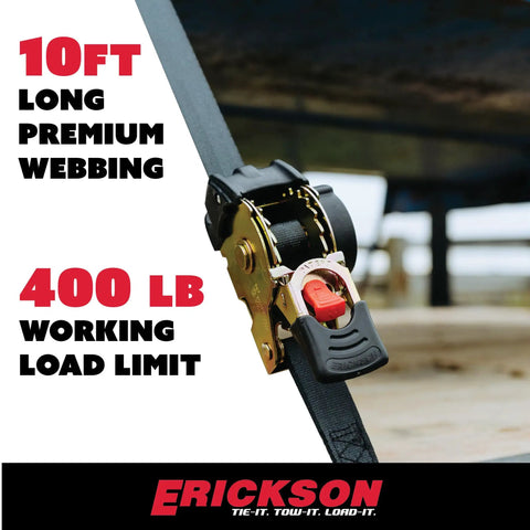 Close-up of Pro Series 1 Inch By 10 Foot Black Retractable Ratchet Tie Down Strap showing 10ft webbing and 400 lb load limit.