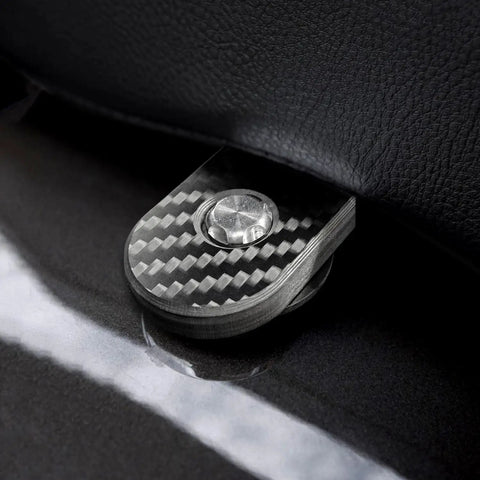 Tighten Up Your Setup With Badass Anti Theft Seat Screws Featuring A Cool Carbon Fiber Look And Heavy Duty Stainless Steel Body Fits 1 4 X 20 Threads Like A Glove Includes A Quick Grab Hex Tool For Smooth Take Off On Touring Bikes close-up of stainless steel anti-theft seat screw with carbon fiber design
