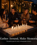Friends enjoying an evening around a fire table with 1/2 Inch Ultra Clear Fire Glass Beads For Fire Pit, 10 Lb White Reflective Drops.