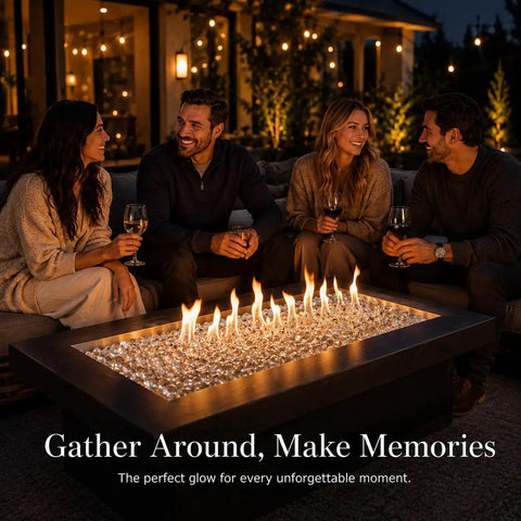 Friends enjoying an evening around a fire table with 1/2 Inch Ultra Clear Fire Glass Beads For Fire Pit, 10 Lb White Reflective Drops.